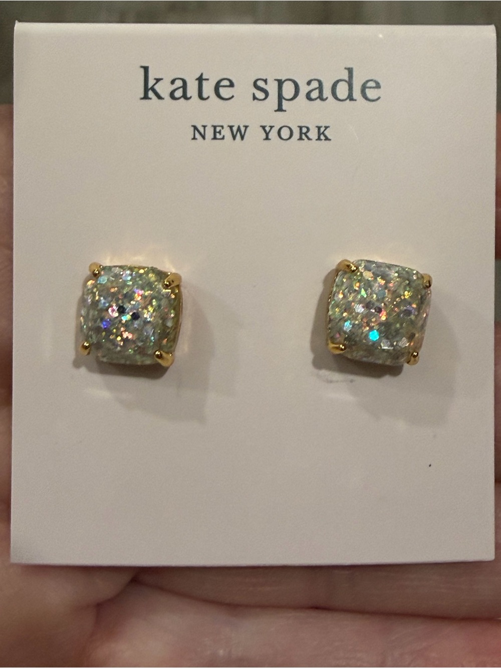 Kate Spade New York Square Glitter Stud Earrings - Opal / Gold (NWT)